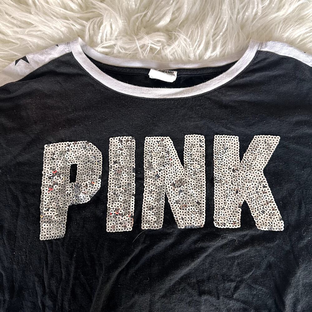 Victoria's Secret PINK Sparkle Bling Black Stars Shirt Size Small - Picture 2 of 4